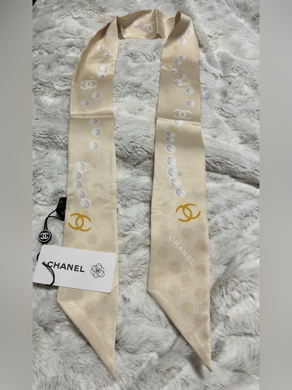 Double C  Cream Silk Twilly with Gold  Double C Motifs
